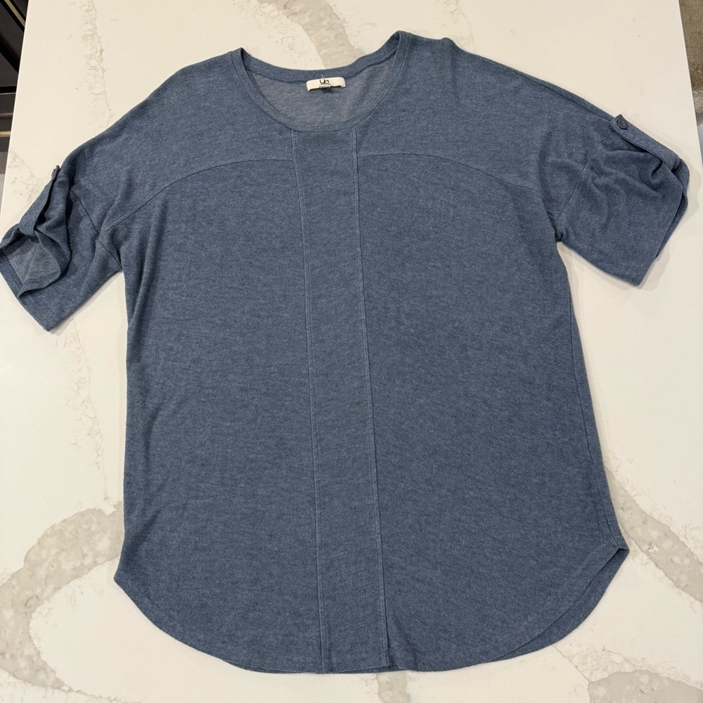 Ya Los Angeles Asymmetrical Round Hem Button Cuff Top Women’s Large Slate Blue - Picture 1 of 7